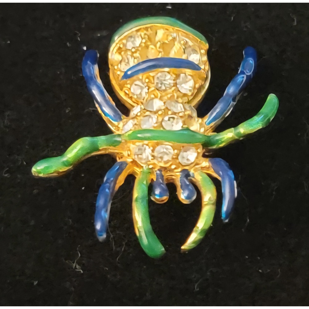 Vintage‎ Enamel Spider Brooch Gold Tone Rhinestone Blue Green Insect Pin Novelty